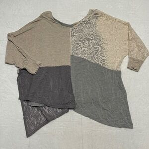 Democracy 1X Patchwork Lace Knit Dolman Sleeve Asymmetrical Top Women's Boho